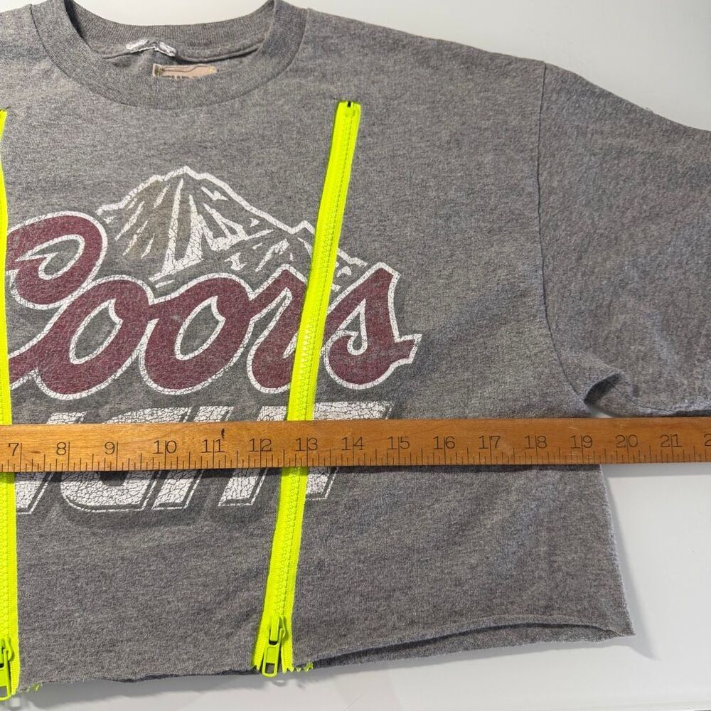 Furst of a Kind Coors Light Upcycled Cropped T-Shirt Gray Neon Zip Detail One Si - Picture 4 of 5